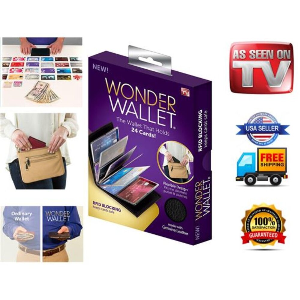 Wonder Wallet Amazing Slim RFID Wallet As Seen on TV Black Leather Wonder Wallet